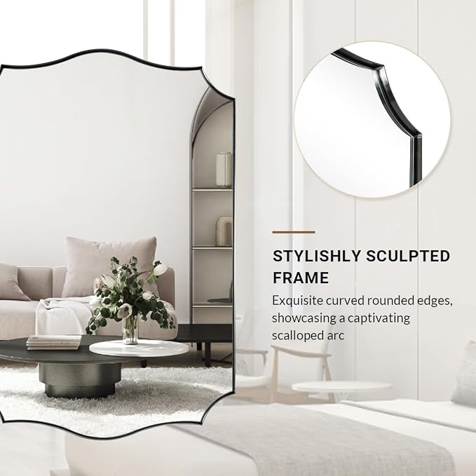ANDY STAR 24x30 Inch Brushed Nickel Bathroom Mirror, Scalloped Mirror for Vanity, Modern Silver Mirror in Rustproof Stainless Steel Frame, Elegant Curved Scallop Design, Ideal for Home Remodel