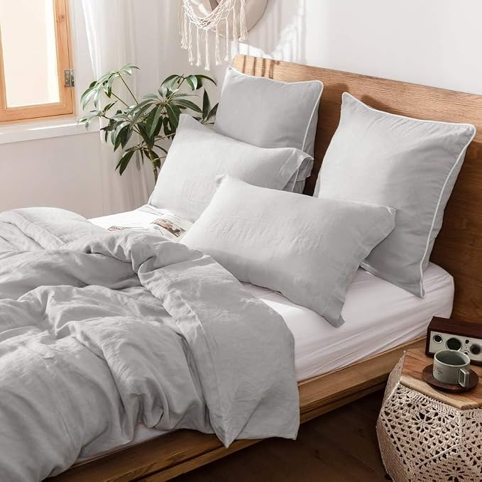 Simple&Opulence 100% Linen Euro Sham Covers with Piping Trim, 26"x26" Pillow Cover Set of 2, Breathable Pillow Shams for Bed Couch Decorative Cushions, Light Grey