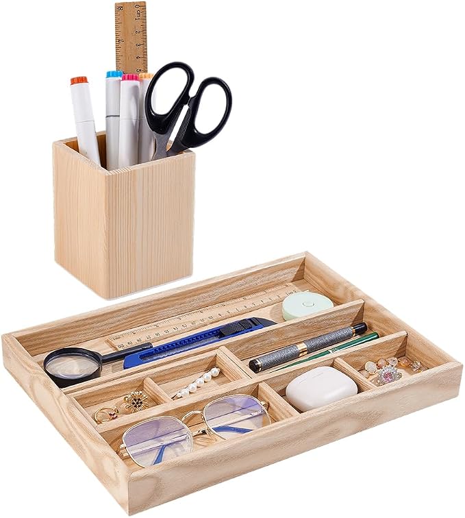 PH PandaHall 2pcs Wooden Desk Organizer Tray with Pen Holder Table Storage Box Drawer Organizer Tray Keys Watch Pencil Divided Trays for Home Office School Workspace Organization Desktop Accessories