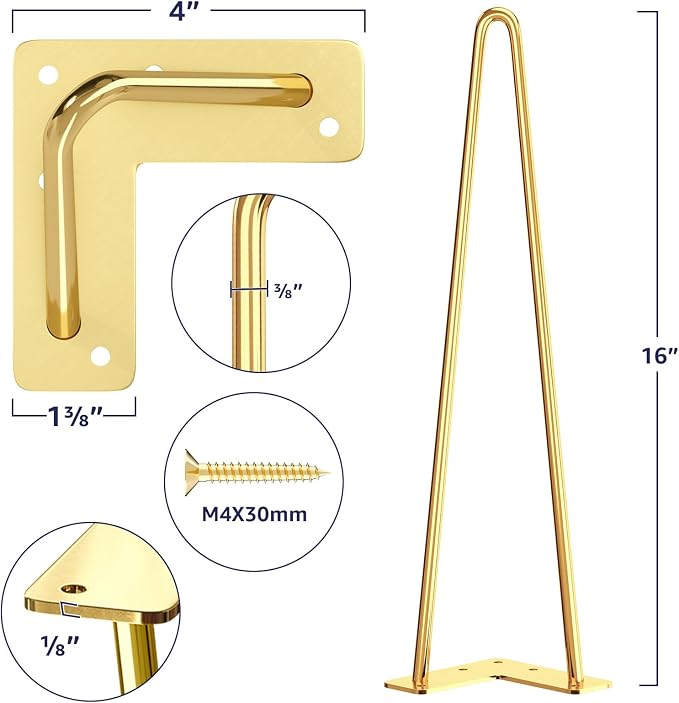 SMARTSTANDARD 16 Inch Hairpin Furniture Legs, 3/8'' Rods Metal Home DIY Projects for Nightstand, Coffee Table, Desk with Rubber Floor Protectors, Gold Set of 4PCS