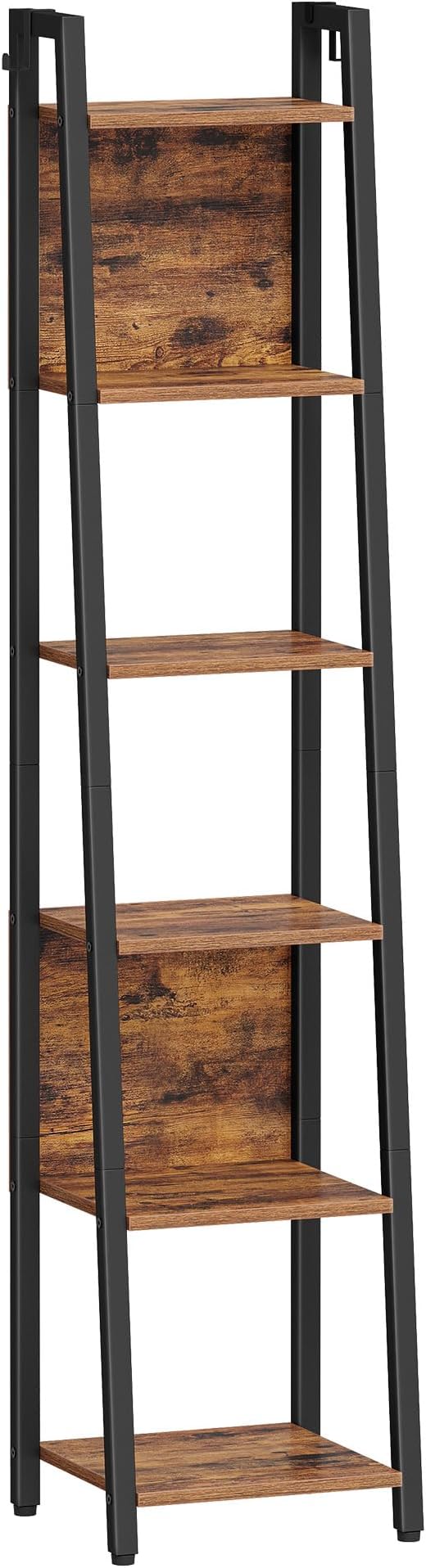 Hzuaneri Ladder Shelf, 6-Tier Narrow Bookshelf with 2 Back Panels, Industrial Ladder Shelf with 2 Hooks, for Home Office, Living Room and Bedroom, 12.2" D x 12.2" W x 63" H, Rustic Brown BC31601B