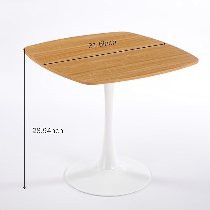 31.5 inches Square Dining Table for 4, Natural Special Kitchen Table with Tulip Shape & Metal Pedestal Base, Mid Century Modern Bistro Tulip Table for Kitchen, Small Space, Cafe
