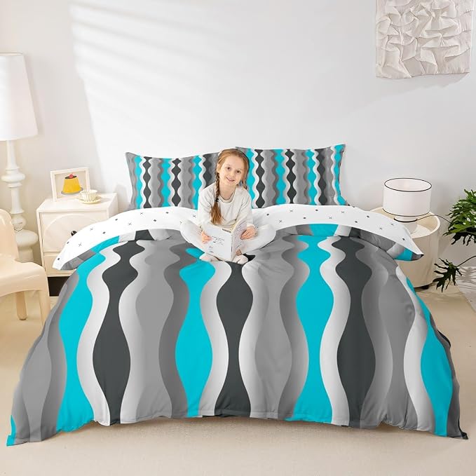 Turquoise Duvet Cover Geometric Retro Bedding Set Teal Blue Grey Black Stripe Comforter Cover for Boys Girls Kids Teens Bedroom Decor Mid Century Modern Decor Bed Set Twin Size 2Pcs (No Comforter)