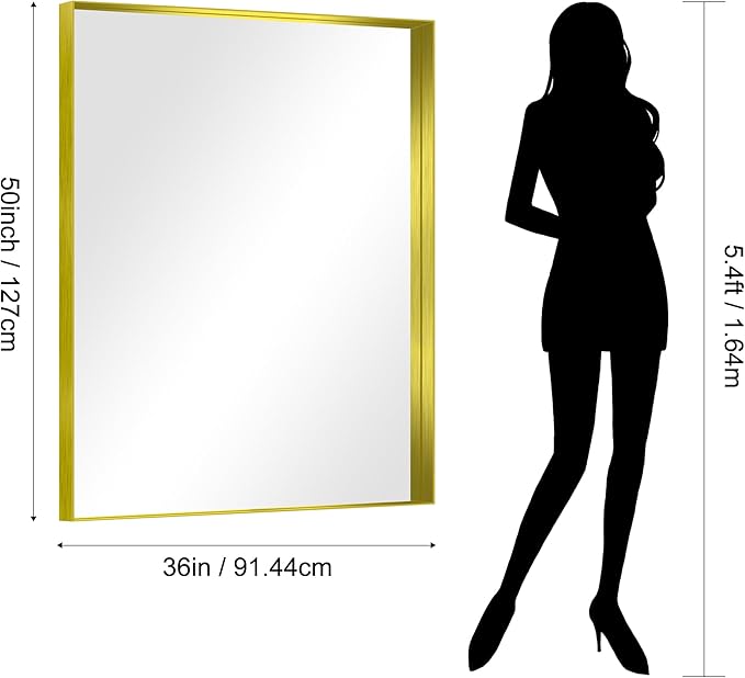 CIRCUMI Gold Bathroom Mirror, 36"x50" Rectangular Mirror with Deep Metal Frame, Brushed Finish, Tempered Glass, Large Mirror for Wall, Over 2 Sinks, Installed Vertically/Horizontally, Crystal-Clear