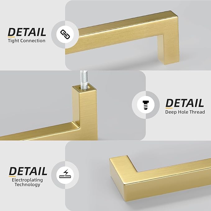 Goldenwarm Gold Cabinet Pulls Brushed Brass Drawer Pulls Gold Kitchen Cabinet Handles Square Bar Pulls Antique Brass Bathroom Cabinet Hardware,3-1/2in 2Pack