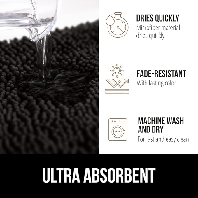 GORILLA GRIP Bath Rug Mat 60x24, Thick Soft Absorbent Chenille, Quick Dry Microfiber Mats, Rubber Backing Washable Shower Floor Rugs, Bathmat Runner, US Designed Bathroom Home Decor Accessories Black