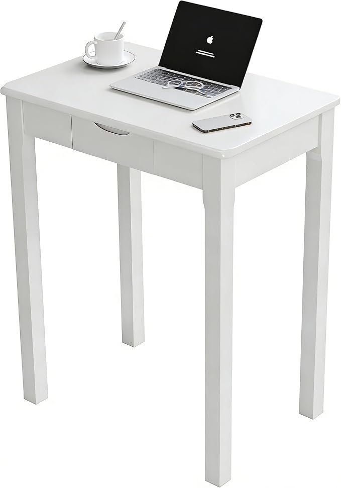 Solid Wooden Desk with Drawers - 24 x 16 Inch Narrow Desks for Small Spaces, Rubberwood Simple Study Table, Small Writing Desk for Bedroom - Modern White Desks