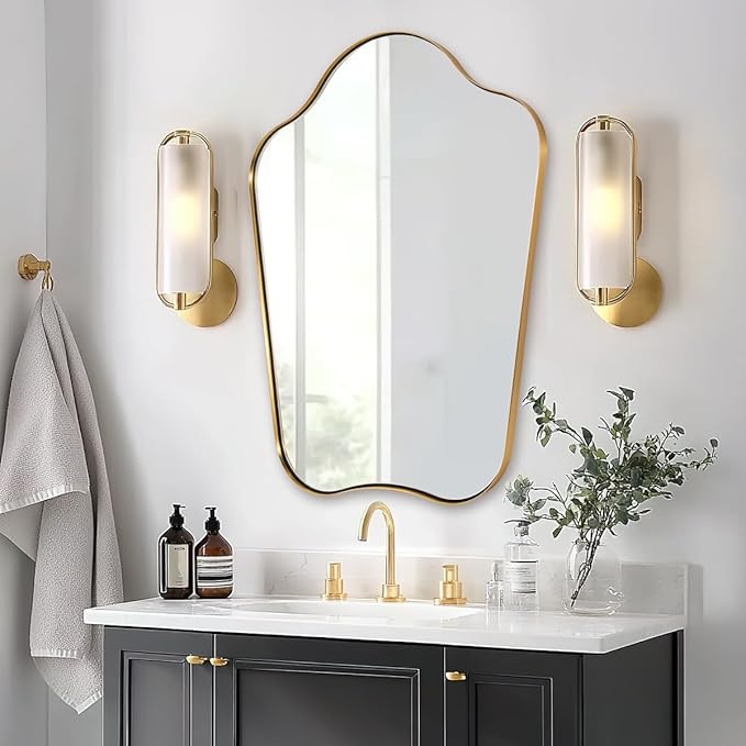 ANDY STAR 30x40 Gold Mirror, Brushed Brass Scalloped Mirror with Curved Design, Irregular Wall Mirror for Bathroom, Vanity, Powder Room, Stainless Steel Frame, Anti-Rust