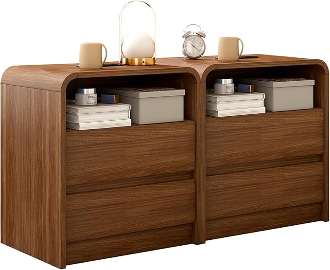Walnut Nightstand Set of 2 with Charging Station, 21 Inch Wide Night Stand with Drawers, Modern Bedroom Bedside End Table with Round Corners Anti-Collision Design for Dorm, Sofa, Office