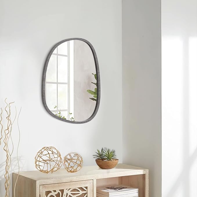 Asymmetrical Mirror for Wall Decor Small Modern Wooden Framed Wall Mirror Unique Shape Wall Mounted Vanity Artistic Oval Mirror Decorative for Bedroom Bathroom Living Room Entryway