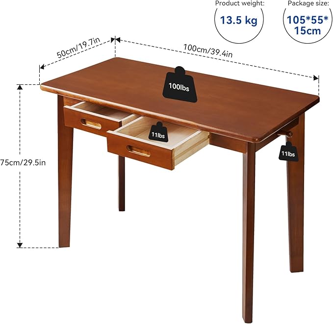 Aibiju Wood Writing Desk with Drawer and Hanging Rod, Small Computer Desk Table, Work Table, Study Desk, Small Wooden Dining Table Brown YD-WD01H