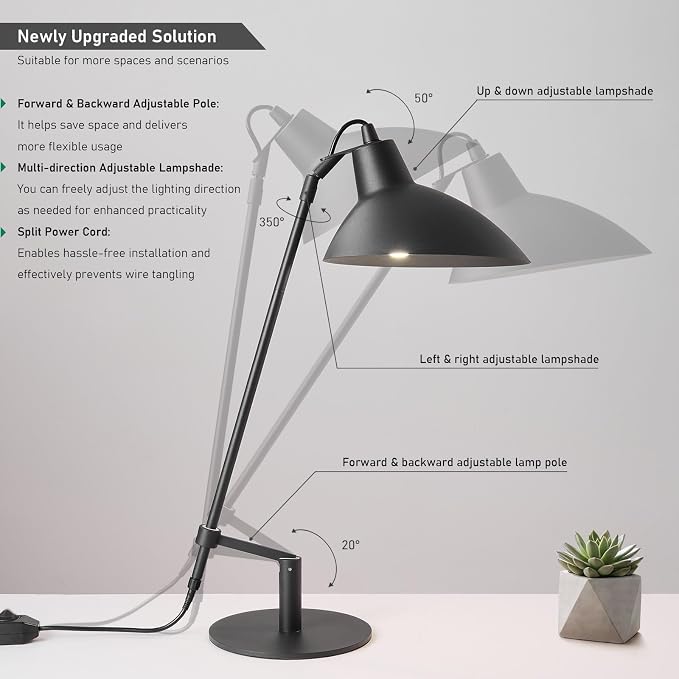 Desk Lamp Modern Industrial 100% Metal Adjustable Table Lamp 24", Natural Light (4000K) with Dimmer, Ideal for Office Bedroom Study Room Living Room Nightstand Bedside Lamps Sand Black
