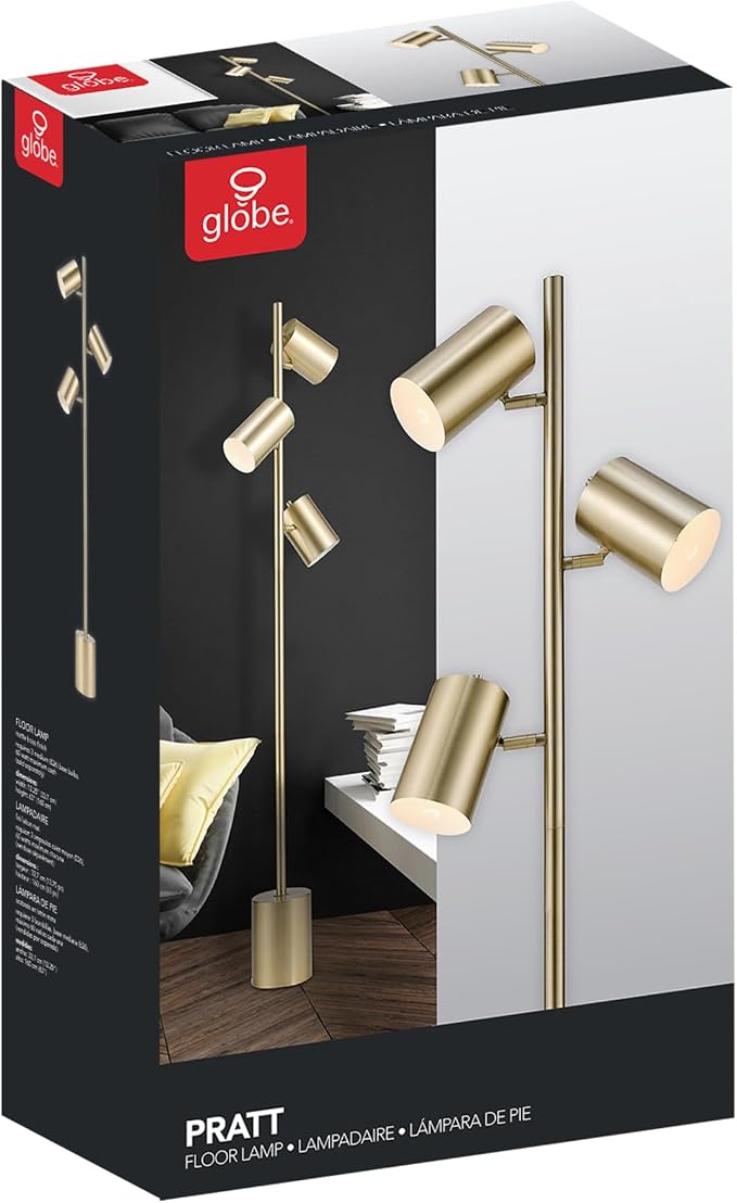 Globe Electric 67604 Pratt 63" 3-Light Floor Lamp, Matte Soft Gold, Large Weighted Base, Individual Rotary On/Off Switches on Shades