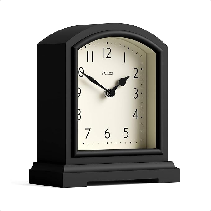 JONES CLOCKS® Tavern Mantel Clock | Modern Arch top Design | Black | Contemporary Classic Style for Desk, Table, Shelf or Bedside