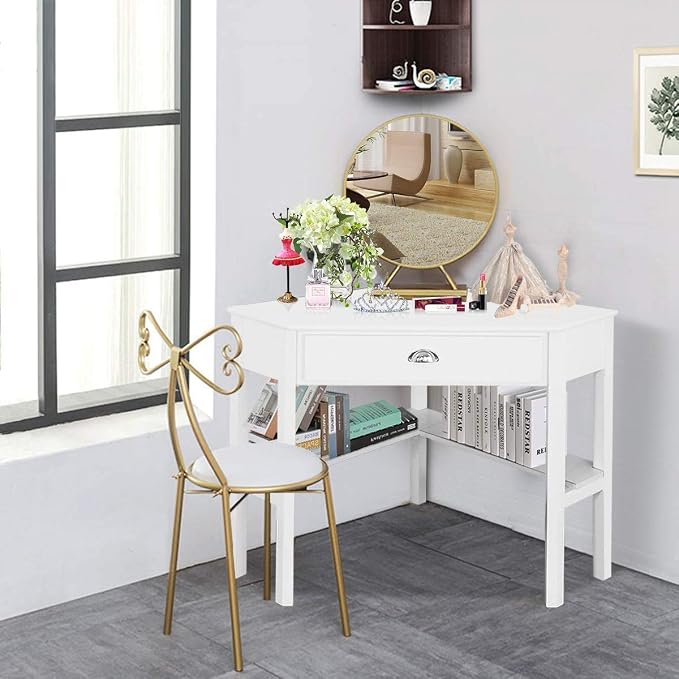 Nightcore Corner Desk for Small Space, Wood Corner Computer Desk, Compact Writing Table w/Drawer & Storage Shelves, Space Saving Study Workstation, Laptop PC Corner Table for Home Office