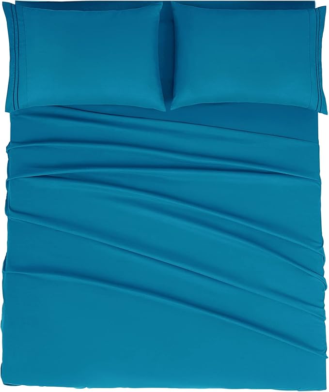 Mejoroom King Size Bed Sheet Set - Hotel Luxury 1800 Bedding Sheets & Pillowcases - 16" Deep Pocket Fitted Sheet, Soft, Breathable, Wrinkle & Fade Resistant - 4 Piece(King,Peacock Blue)