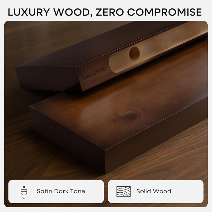 Homeforia Walnut 20 inch Floating Shelf, High End Solid Real Wood 20inch Floating Shelves for Wall Mounted, Dark Brown 20 inches Long Floating Shelves, Heavy Duty Bracket, 20 X 6.5 X 1.75 in, Set of 2