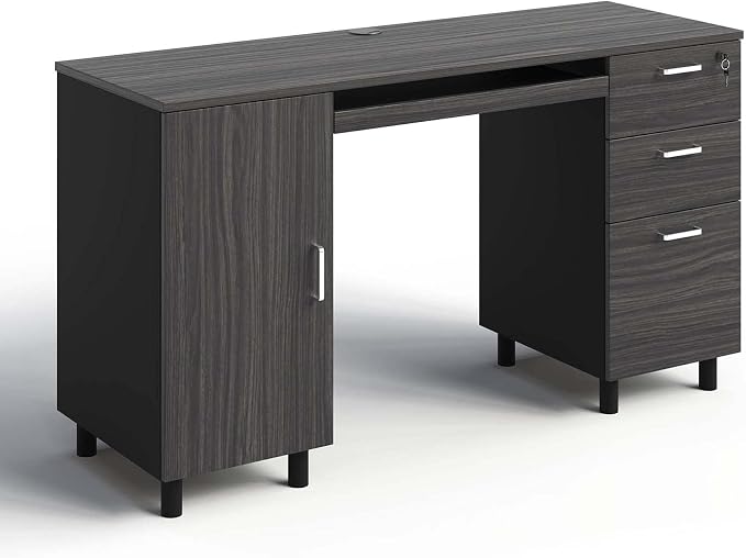 Modern Design Venice Computer Desk with Lockable Drawers, 53 Inch Home Office Desk with Storage Cabinet, Keyboard Tray & Cable Management, Modern Study Writing Desk for Small Spaces, Black and Grey