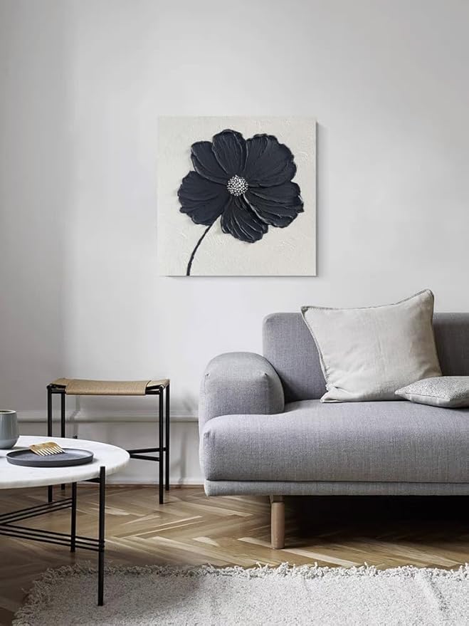 YaSheng Art - Thick Texture Flowers Abstract Oil Painting 100% Hand-Painted Black and White Wall Art Minimalist modern Abstract Art Paintings Home Living room Room Dining Room Bedroom Wall Decorative Art Oil Painting 24x24inch