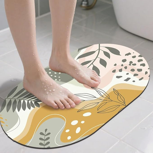 Oval Bath Mat Forest Tropical Leaves Diatomaceous Mud Mats with Rubber Backing Ultra Soft Washable 23.6"×15.7" Quick Dry Thin Bath Rugs for Bathroom Floor Bathtub Vanity Easy Care
