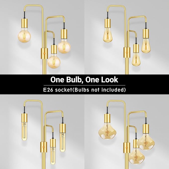 BoostArea Industrial Floor Lamp for Living Room,Gold Modern Standing Lamp Stand Up Lamp with 3 Light, Bulbs Not Included,Simple Design Floor Lamp for Bedroom, Living Room, Office, Kids Room, Reading