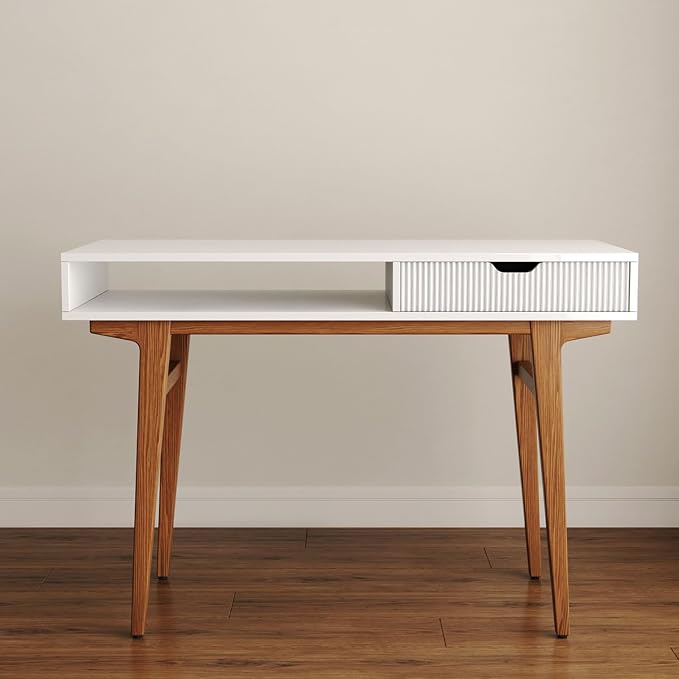 White Computer Desk with Drawers - 45 inch Minimalist Small Solid Wood Mid-Century Modern Office Desk for Home - Boho Style Writing Table with Open Storage,Light Wooden Desk Workspace