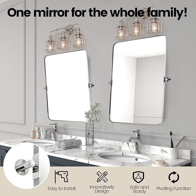 MOON MIRROR Chrome Pivot Rectangle Bathroom Mirror, Modern Tilt Rounded Rectangular Pivoting Vanity Mirrors for Wall, Stainless Steel Metal Polish Frame, Overall 24.33 x 30 in (Mirror 20 x 30 in)