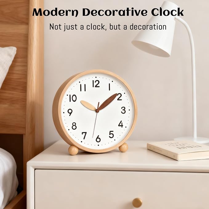 Maxspace Wooden Table Clock,8in Silent Non-Ticking Desk Clock,Battery Operated Desktop Analog Clock for Living Room Bedroom Kitchen Office Classroom Decor (Log - White)