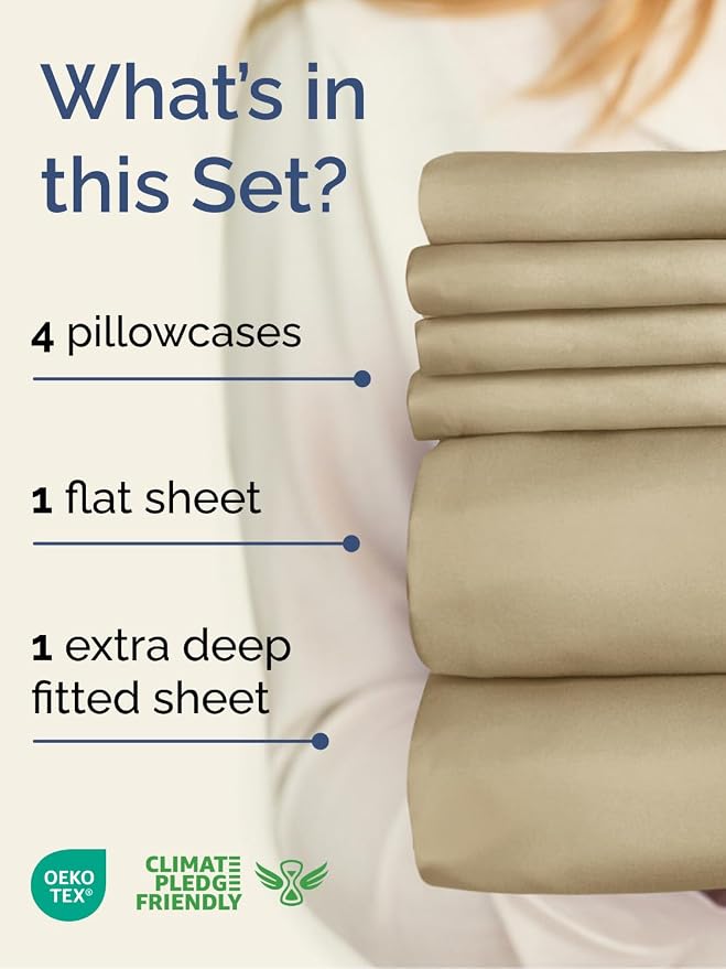Extra Deep Full Sheet Set - 6 Piece Breathable and Cooling Sheets - Hotel Luxury Bedding for Women, Men, Kids & Teens - Easy & Secure Fit - Soft, Wrinkle Free and Comfy - Extra Deep Pockets - Beige