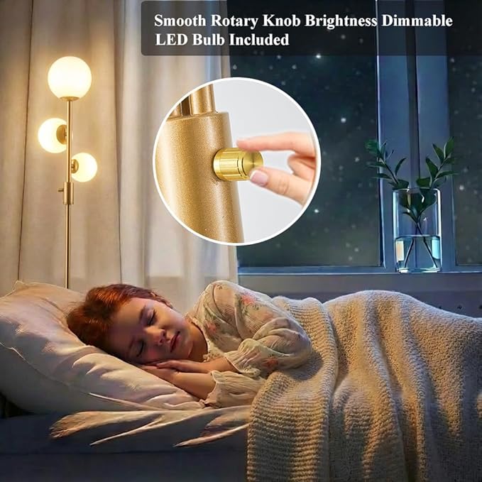 Fiqevs Upgrade Dimmable Floor Lamp, 3 Globe Mid Century Gold Modern Floor Lamps for Living Room with Orb Frosted Glass Shade and 3 LED Bulbs, Standing Tall Lamp for Bedrooms, Office - Antique Brass
