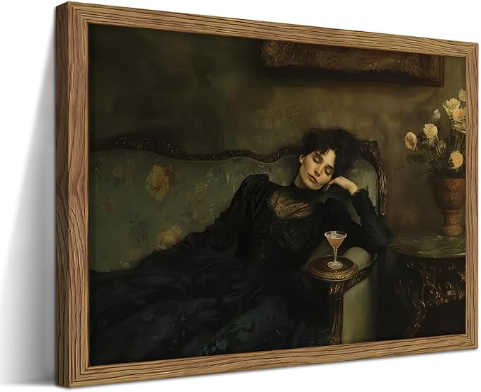 Framed Vintage Victorian Wall Art, Moody Woman Reclining on Sofa Canvas Poster, Dark Academia Portrait Oil Painting Prints, Classical Elegant Wall Decor for Living Room Bedroom Study 12x16in