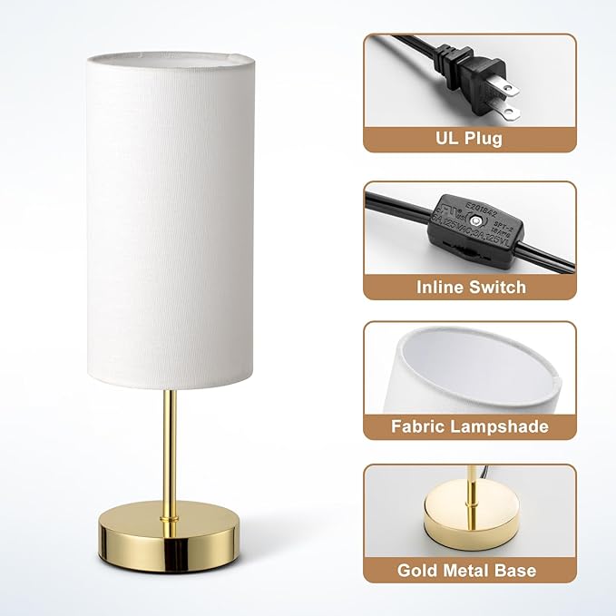 Small Nightstand Table Lamp for Bedroom, Round White Fabric Shade and Gold Metal Base, Modern Minimalist Bedside Lamps for Dresser, Living Room, Office, College Dorm, Warm Light, 5W LED Bulb Included