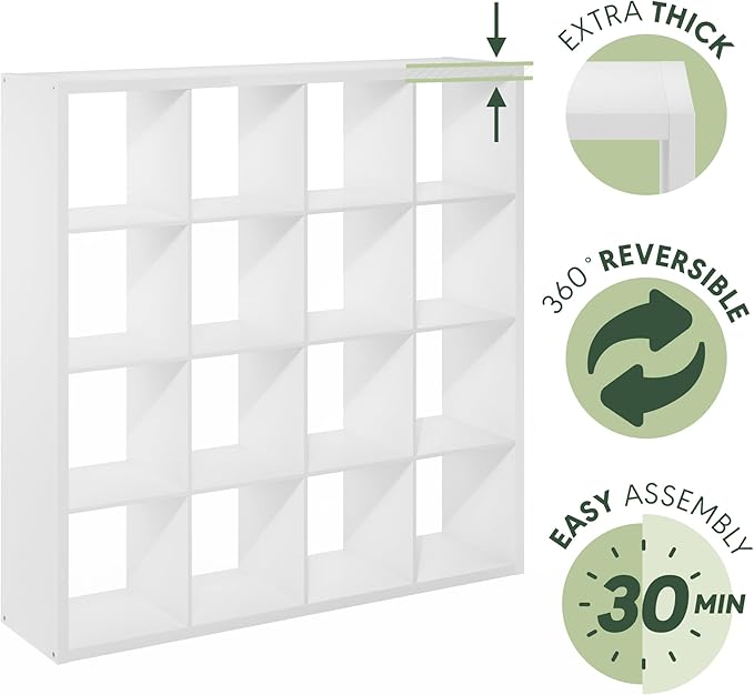 Furinno Cubicle Book Shelf, 16-Cube Bookshelf, Extra Thick Frame Reversible Bookcase with Open Back, 14.6" x 58" x 58", for Living Room, Bedroom, Home Office, White