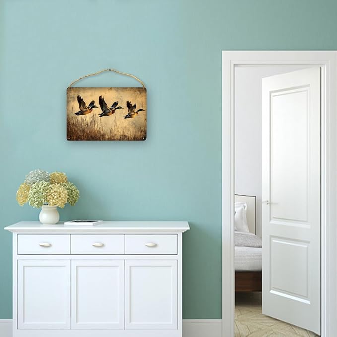 Vintage Flying Ducks Wooden Sign 12x8 Inch - Retro Nature Decor for Nostalgic Enthusiasts & Bird Lovers, Ideal for Vintage-Inspired Interiors & Rural Aesthetic Spaces