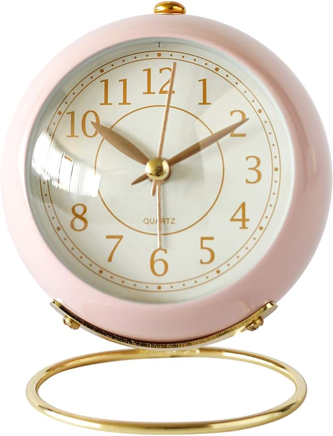 SHISEDECO Small Tableclocks Classic Non-Ticking Tabletop Alarm Clock with Backlight, Battery Operated Astronaut Deskclock with HD Glass for Living Room Bedroom Bedside Indoor Decor (Pink)