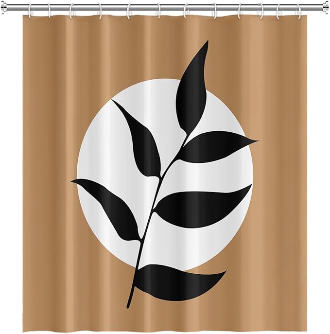 Abstract Bohemian Bathroom Shower Curtain White Circle Eucalyptus Leaves Boho Tan Shower Curtain with Hooks Waterproof Polyester Shower Curtain for Modern Aesthetics Home Decor, 36x72 Inch