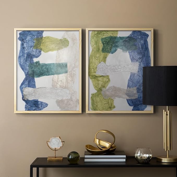 Renditions Gallery Set of 2 Peel & Stick Framed Prints, Elegant Abstract Wall Art, Dyed Cloth Texture Wall Decor, Re-Stickable - Ready to Hang - 16"x20" - NATURAL WOOD Frame LT588
