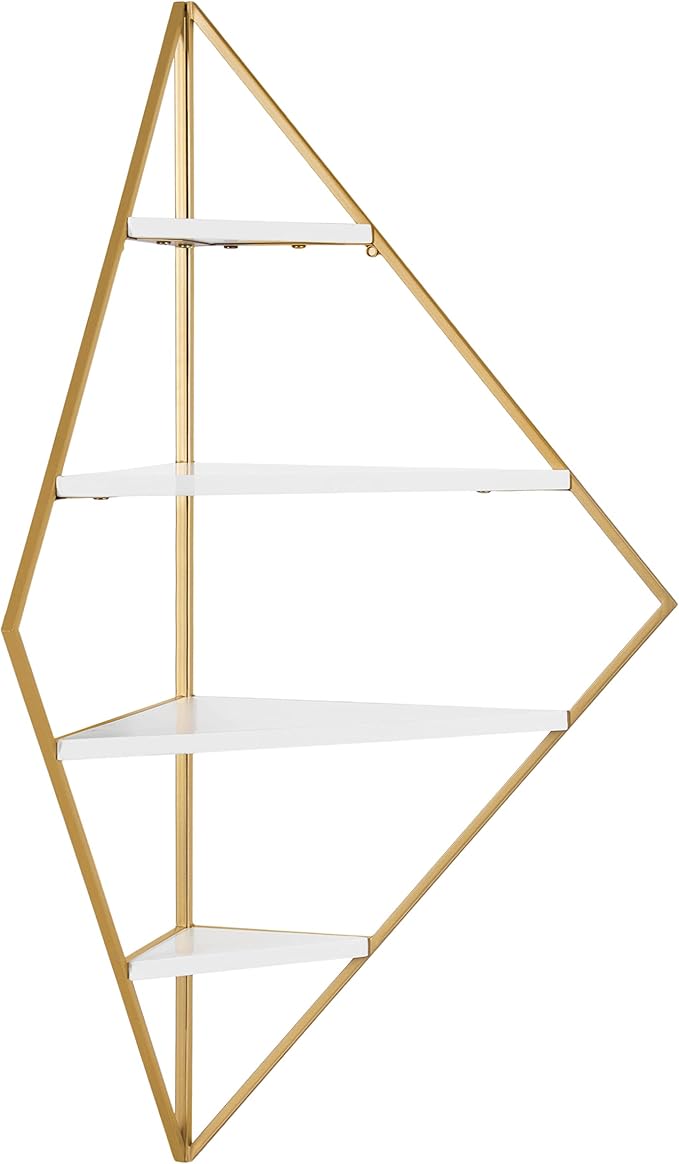Kate and Laurel Melora Modern Glam Corner Shelf; 24 x 17 x 38; White and Gold; Glamorous Floating Corner Shelving with Four Shelves and Unique Geometric Shape