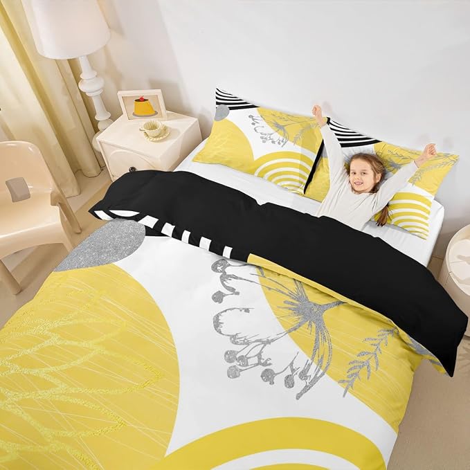 Erosebridal Boho Mid Century Queen Comforter Cover for Women Men Adults |Yellow and White Modern Duvet Cover Minimalist Geometric Bed Set Aesthetic Modern Abstract Bedding Set
