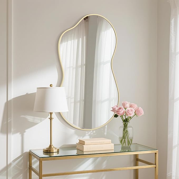 HOMECOOKIN 46" H x 26" W Irregular Wall Mirror, Asymmetrical Decorative Mirror with Gold Aluminum Frame, Wavy Abstract Gold Mirror, for Living Room, Bedroom, Bathroom, Entryway, Cloakroom