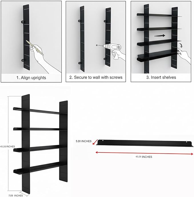 Metal Wall Mounted Floating Book Shelf, 4 Tier Storage Shelves, Easy Installation Display Shelf，Including 2 uprights+4 Shelves ，Storage Unit for Students, Housewives, and Collectors (Green)