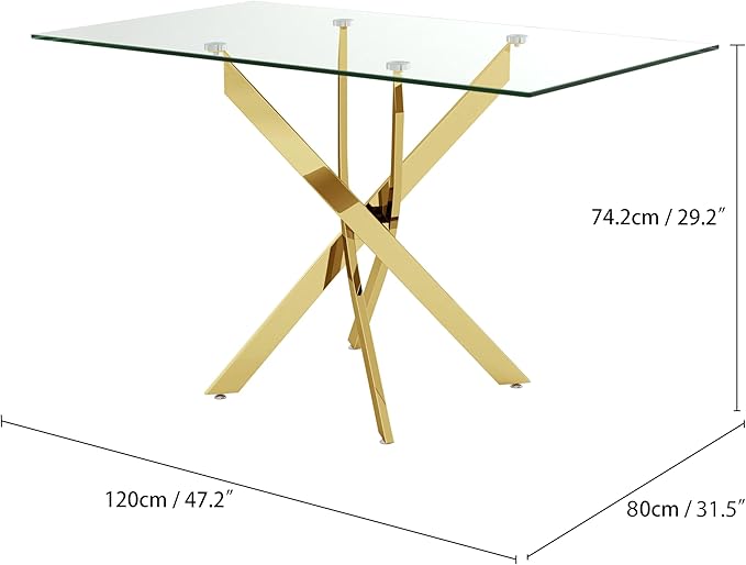 Tempered Glass Dining Table with Chromed Legs, 47" Modern Rectangular Kitchen Table for Dining Room Kitchen,Gold