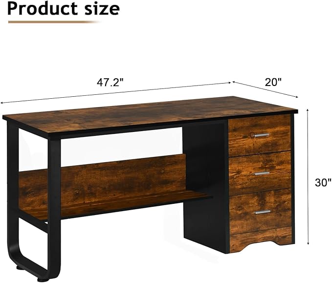 MaverickFurni Small Computer Desk with Drawers, 47 Inch Home Office Desk with 3 Drawers & Bottom Shelves, Study Desk with Storage for Bedroom, Writing and Work, Black and Brown