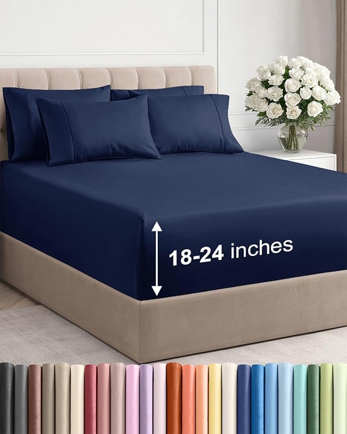 Extra Deep King Sheet Set - 6 Piece Breathable and Cooling Sheets - Hotel Luxury Bedding for Women, Men, Kids & Teens - Easy Secure Fit - Soft, Wrinkle Free and Comfy - Extra Deep Pockets - Navy Blue