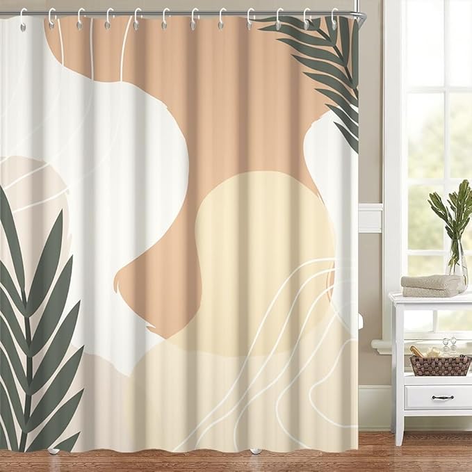 Pink and Beige Boho Shower Curtain for Bathroom Modern Minimalist Bathroom Decor Abstract Striped Leaves Aesthetic Bathtub Curtains Machine Washable Waterproof Polyester Fabric with Hooks 54x72 Inch