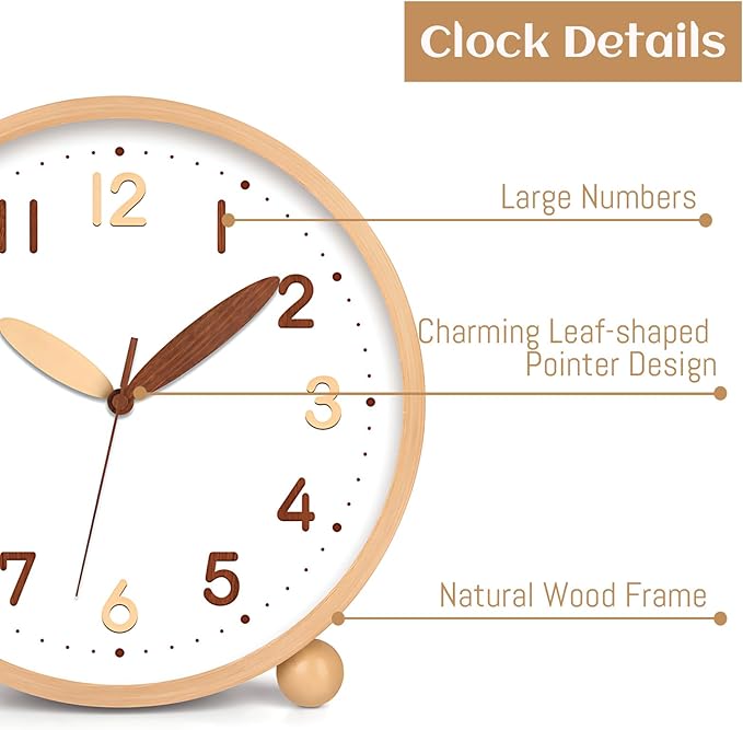 Maxspace Wooden Table Clock,8in Silent Non-Ticking Desk Clock,Battery Operated Desktop Analog Clock for Living Room Bedroom Kitchen Office Classroom Decor (Log - Double Wood Font)