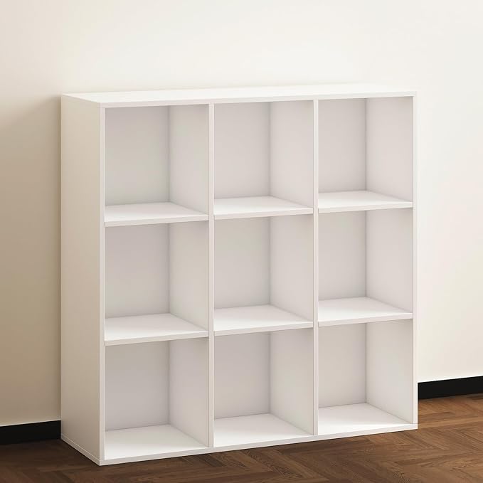 Wooden 9 Cube Storage Organizer with Closed Back Panel,White Cube Shelf Heavy Duty Cubby Storage Organizer with Compartments for Living,Display Shelf,Bookshelf