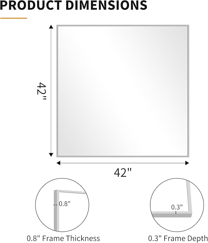 KOCUUY Silver Mirror, 42"x42" Square Bathroom Mirror for Wall, HD Tempered Glass, Anti-Rust Frame, Modern Design for Bathroom, Bedroom, Living Room, Entryway