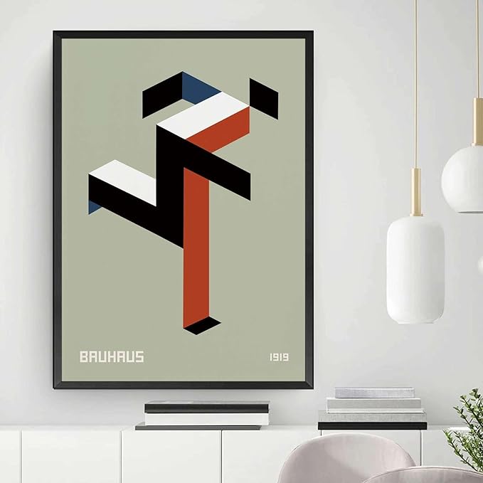 Printed Canvas Painting Wall Art Bauhaus Print 1919 Exhibition Poster Running Man Geometric Decor Modern Minimalist Abstract Sage Green Wall Art Bedroom and Kitchen Office Wall Decoration 8x12inch metal frame