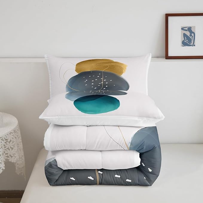 Geometric Bedding Twin Vintage Minimalism Comforter Set, Mid Century Bedding Comforter Sets Abstract Polka Dots Duvet Insert, Aesthetic Lines Down Comforter Beige Dark Green White Grey 2-Piece